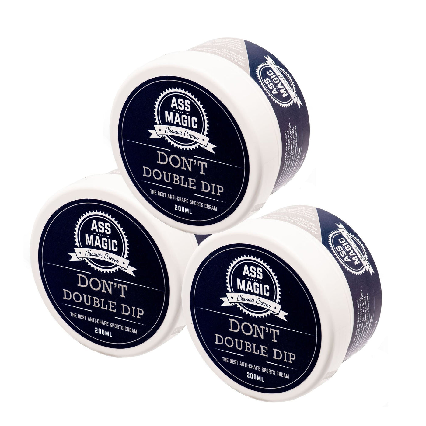 3 x Ass Magic Chamois Cream 200ml Tubs in navy and white packaging