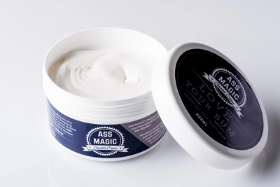 Ass Magic Chamois Cream 200ml Tub with its lid off, showing the white cream contents of the tub.